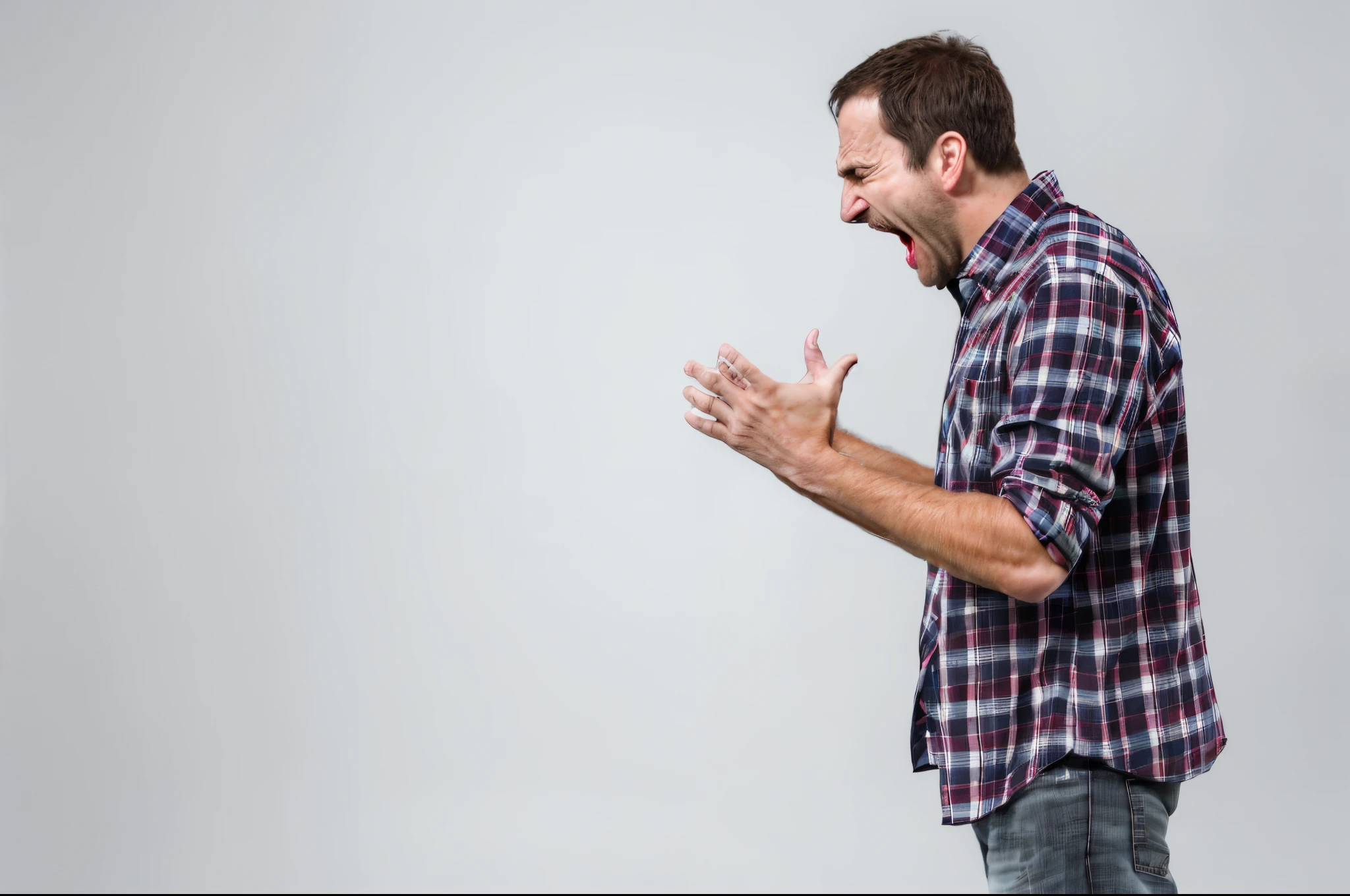 arafed man in plaid shirt standing with hands out and looking at something, man screaming, the man is screaming and sad, disgusted. fear inspiring mood, man esthete with disgust face, man is terrified, mad man screaming, man standing in defensive pose, showing anger, yelling furiously, he is screaming, laughing and yelling