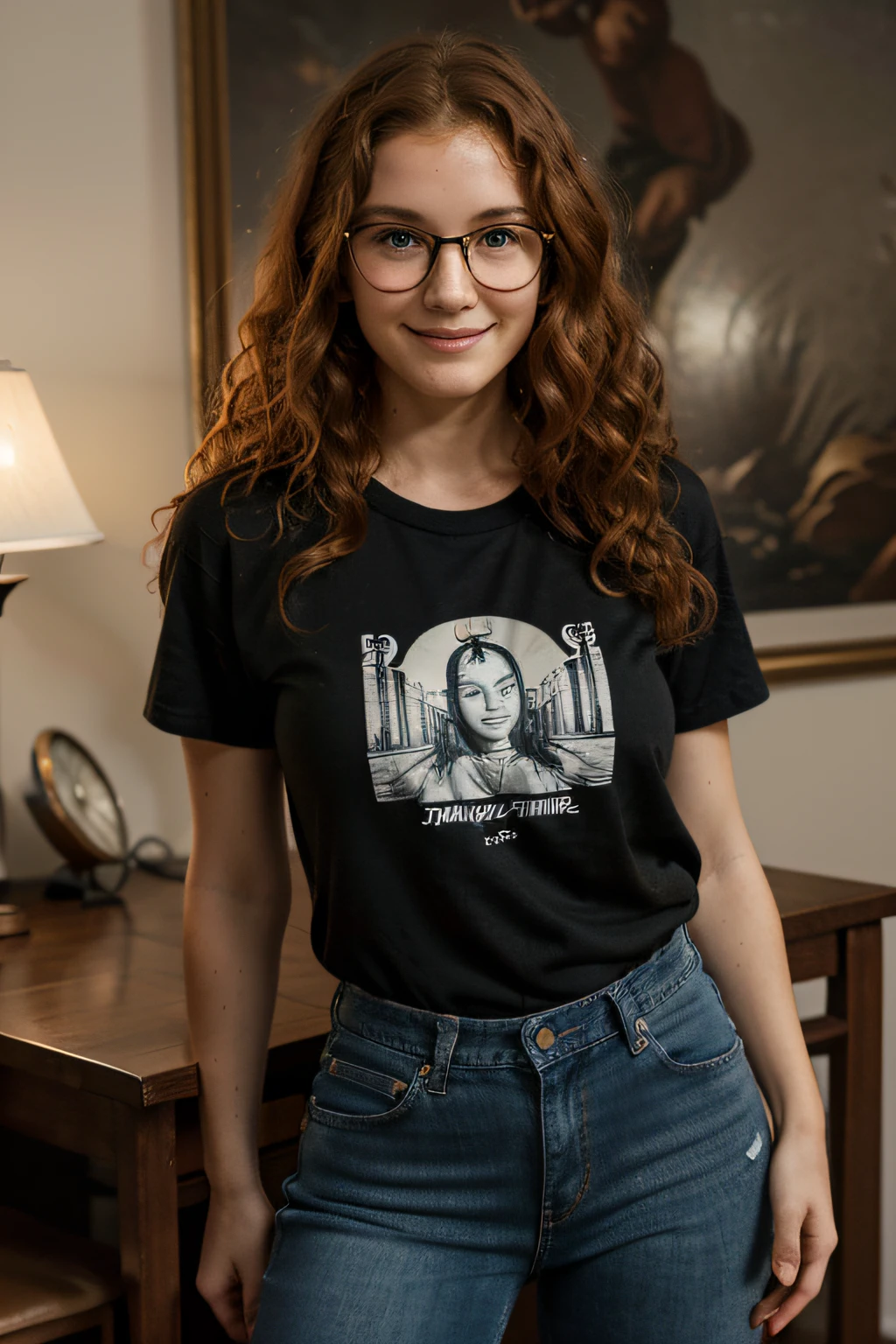 SeaArt Robot, Txt2Img, 11:21:31, masterpiece, best quality),1 16-year-old teenager, wavy red hair, round glasses, curly hair, smiling, black T-shirt, wide-mouthed jeans, hand holding a beauty cream, warm lighting, blurred foreground, posing for a self picture.