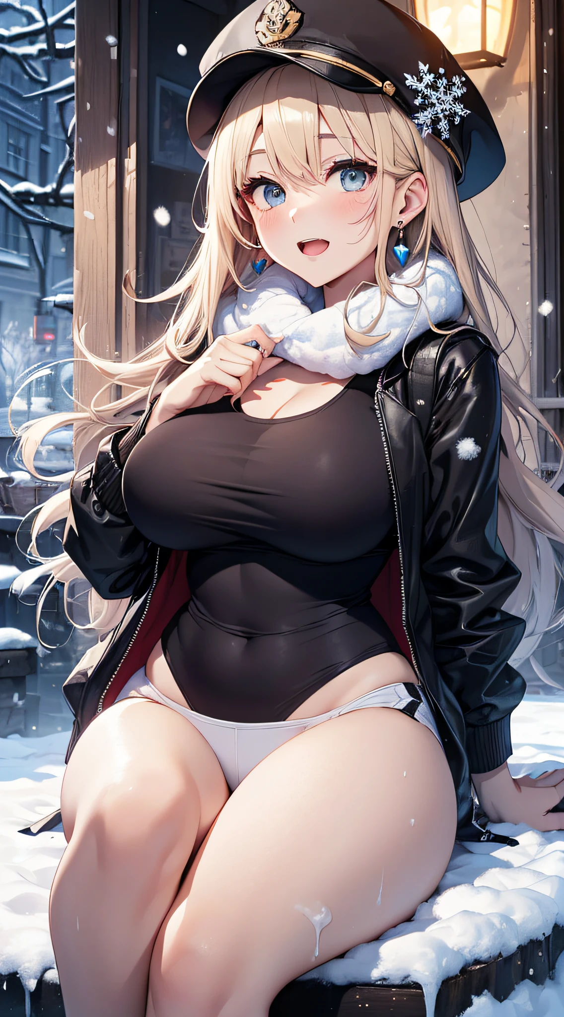 top-quality、Top image quality、masterpiece、girl with((Black jacket、Blue tank top、White trousers、sixteen years old、 ager、cute little、Best Bust、big bast,Beautiful light blue eyes、Breasts wide open, a blond、A slender,Large valleys、belligerent movements,military backpack、dye one's cheeks red、shivering、sapphire earrings、Hats、holding lantern、close range、White breath、bare-legged、Laugh、Making a heart mark by hand、soaking in the foot bath)),hiquality、Beautiful Art、Background with((Ice Burn City at night、snowflakes falling、Heavy snow falls、snowman、ice tower、footbath)))、masutepiece、depth of fields,8K