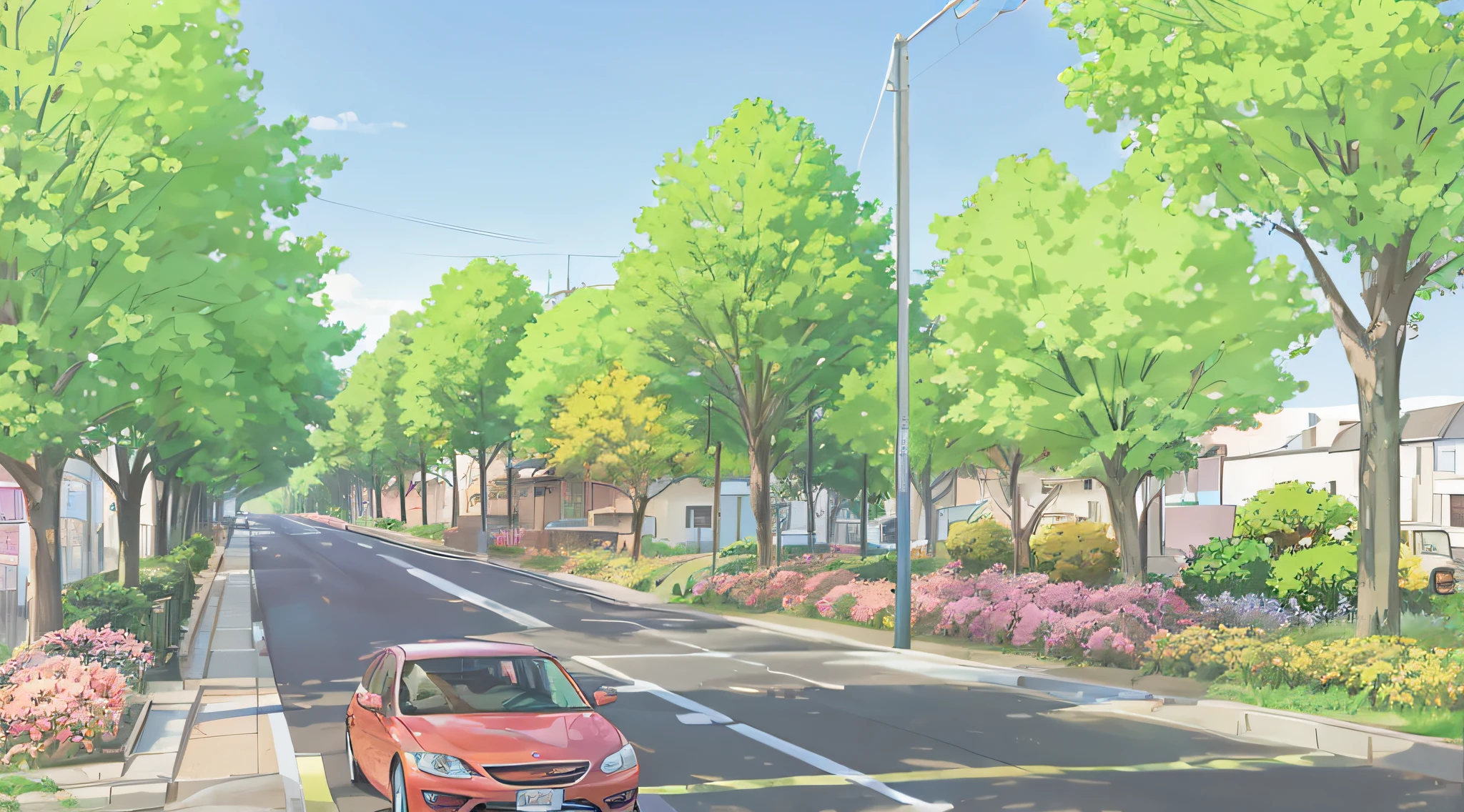 There is a car driving on the street in the cartoon, Produced by Anime Painter Studio, Detailed view – width 672, drawn in anime painter studio, photorealistic streetscape, mountainous terrain, streets background, streetview, Makoto Shinkai's style, Anime landscape concept art, rural urban scene, Makoto Shinkai's style