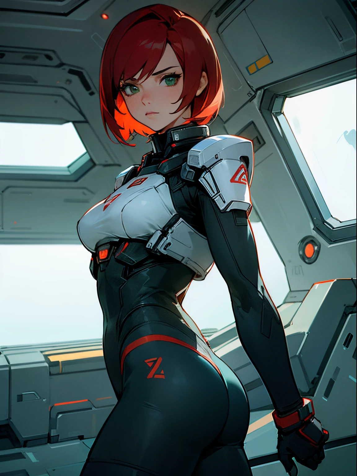 ((Best quality)), inside spacestation, looking out into space, Female shepard from mass effect series, short red hair, pale green eyes, muscular build, casual clothes, breast, ass, cleavage, looking into space