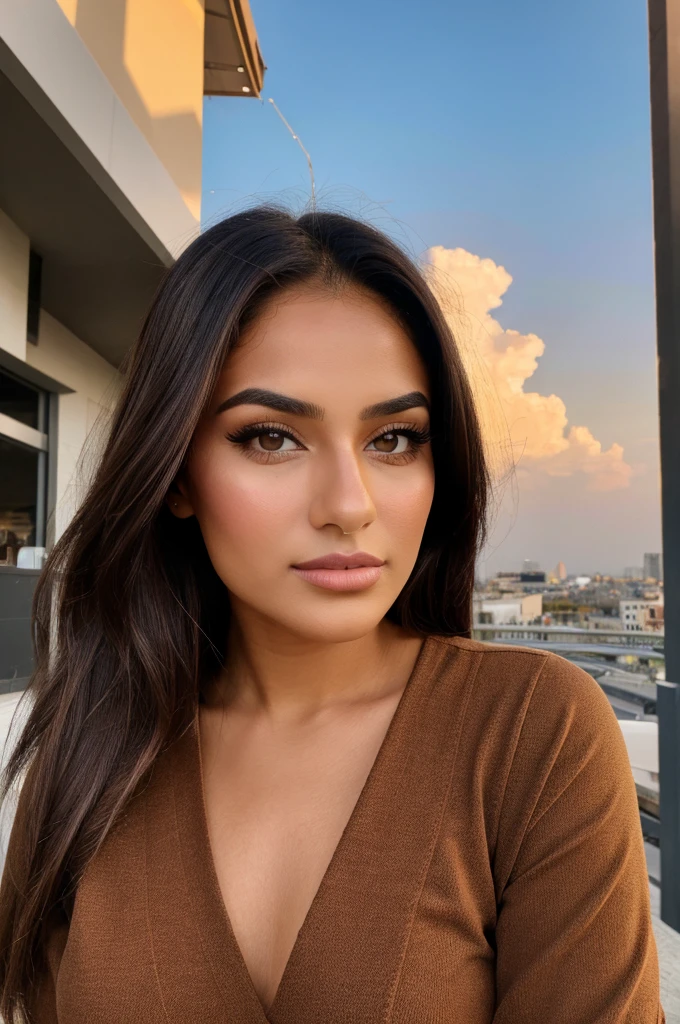 ((best quality)), ((Meisterwerk)), (Detailliert), Perfektes Gesicht, 1.1, Hochdetaillierte Gesichts- und Hautstruktur, Detaillierte Augen, brown eyes, brown colored eyes, cute makeup, Amira 23 year old arabic beauty, cute posing in the city with sunset behind her, full body picture from far away