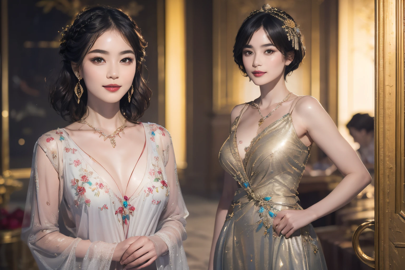 Two beautiful girls,leering:1.4, Lovers, Lesbians,(At the railway station in Shanghai in the 1920s,Vintage train background:1.6),(Taoist hairstyle,Giant hair stick:1.6,Oylan hair accessories,armlets, bangle:1.3),Dodge kisses,bauhause, bulgari, official valentino editorial,half-open lips, Suck your lips firmly, Drooling, elegant, Brilliant, Beautiful, Blush (0.2), Gorgeous, Beautiful, Gorgeous, gentle, Starry sky, Milky Way, Summer triangle, Tanabata and bamboo ornaments, Precise drawings, a detailed drawing,