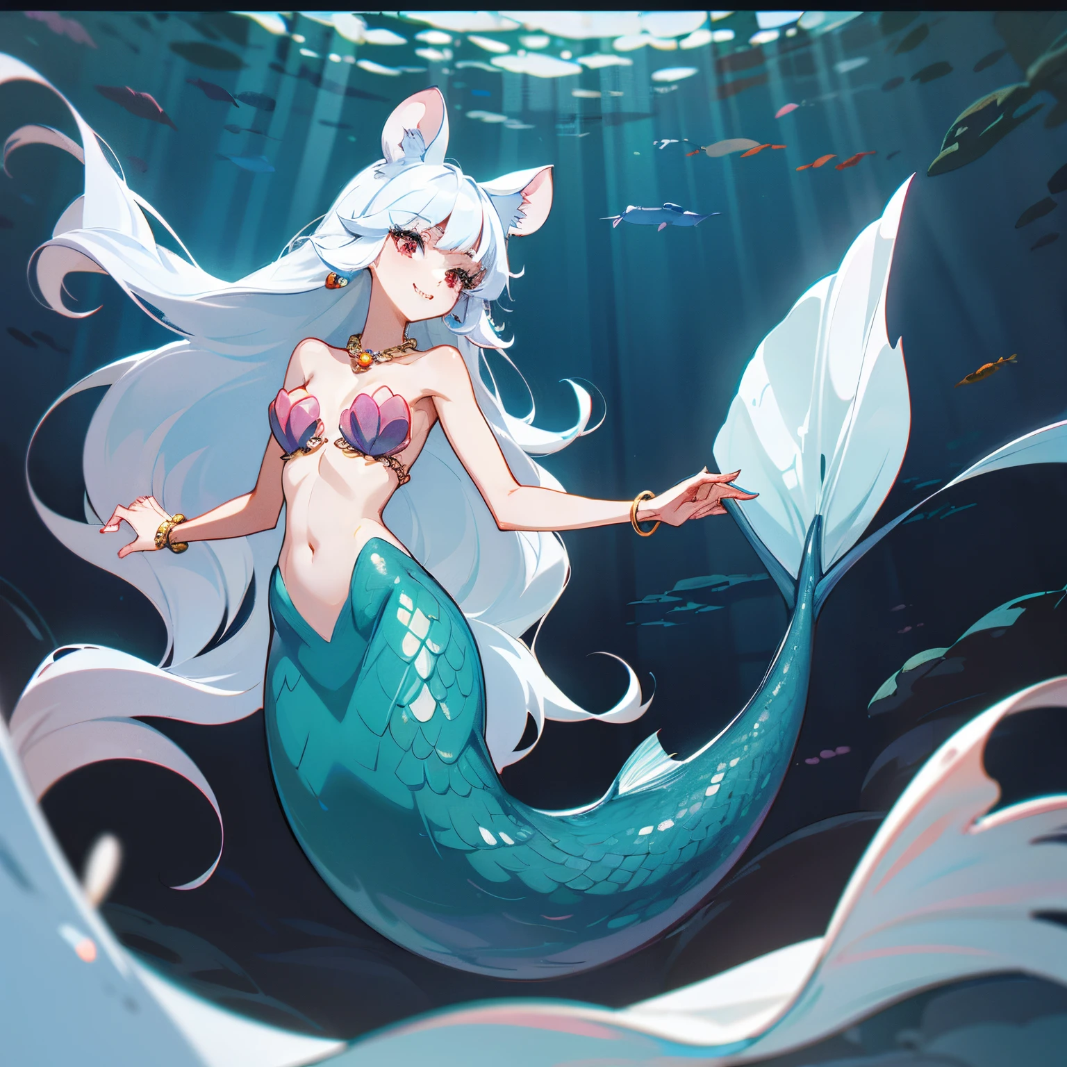 Pretty anthropomorphic mouse girl magically transformed into a mermaid, fantasy, race swap, sharp teeth, is smiling, drawn in anime style, fishlike, very long curly white hair, red eyes, white fur, slim body, whiskers, mouse ears, long mermaid tail below waistline, pelvic and dorsal fins, a pair of fish gills on her torso, seashells bra, pearl earrings and bracelets, pearl necklace, swimming underwater, ocean depth, Highly detailed, masterpiece, high quality, 4K.