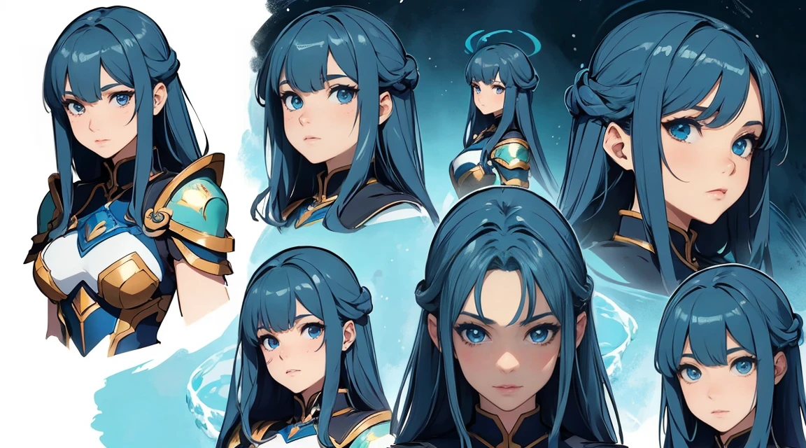 Masterpiece, Highest Quality, Detailed Face, CharacterDesignSheet，full bodyesbian，Full of Details, multiple poss and expressions, Highly detailed, Beautiful paladin girl，girl anime character design Underwater spirit