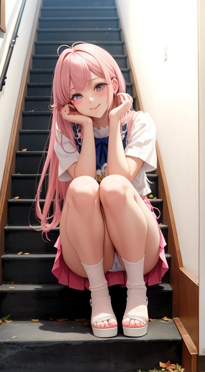 Super mini ruffled skirt、Knee-level fishnet stockings、thin and long legs、The platform is very、long legs below the knees、toned little buttocks、Navel look、thin-waist、Thin body、off shoulders、white tube knit、pointed Nipple、pink hair that reaches to the knees、No hair in front of face、Big blue eyes、Sharp eyes、Road of autumn leaves、resplendent smile、thong, Squat diagonally on the glass stairs、Peeking from below、(NSFW),Nitanita Smile、Lower breast、