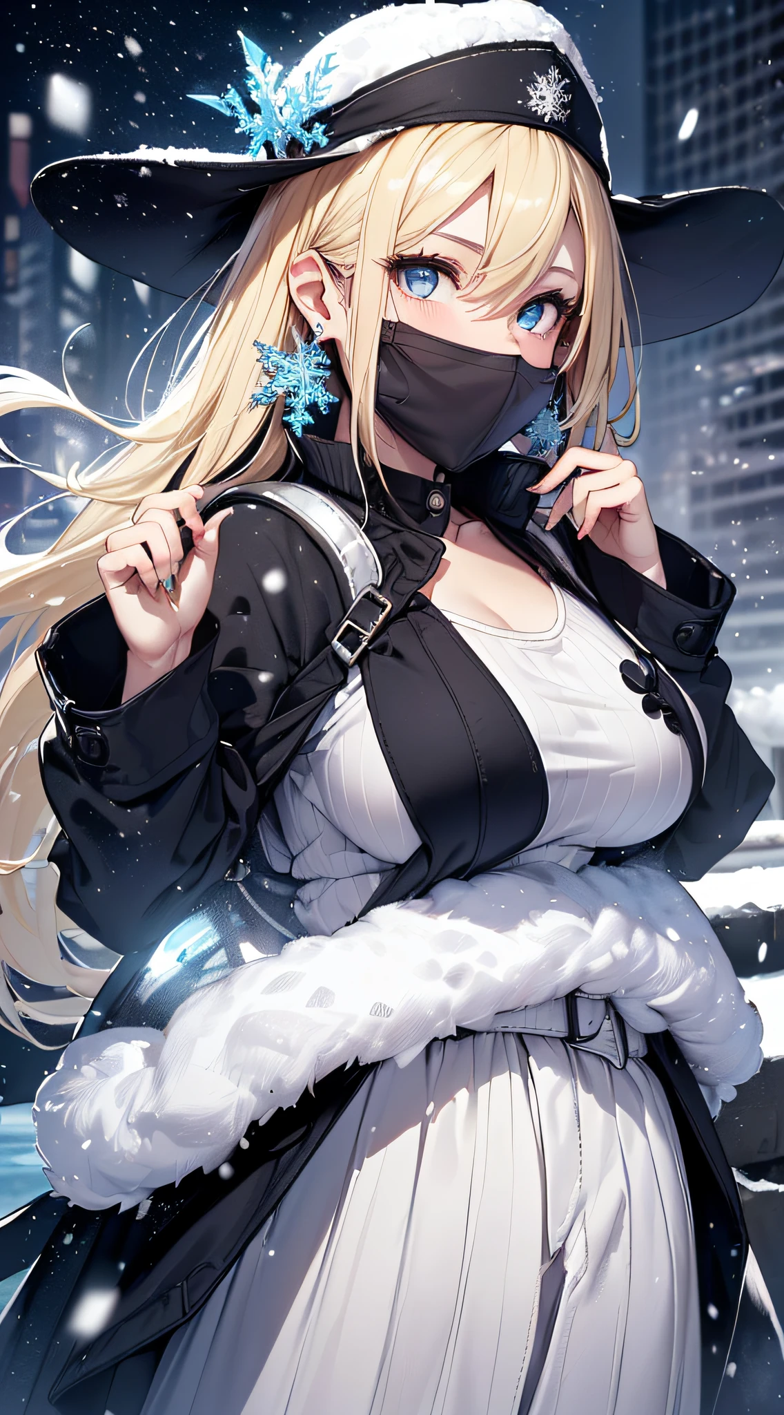 top-quality、Top image quality、masterpiece、girl with((black blanket jacket、Blue tank top、White trousers、、teen ager、cute lit Bust、big bast,Beautiful light blue eyes、Breasts wide open, a blond、A slender,Large valleys、belligerent movements,military backpack、dye one's cheeks red、shivering、sapphire earrings、Hats、holding lantern、close range、White breath、Laugh、hold a gun)),hiquality、Beautiful Art、Background with((Ice Burn City at night、snowflakes falling、Heavy snow falls、snowman、ice tower)))、masutepiece、depth of fields,8K