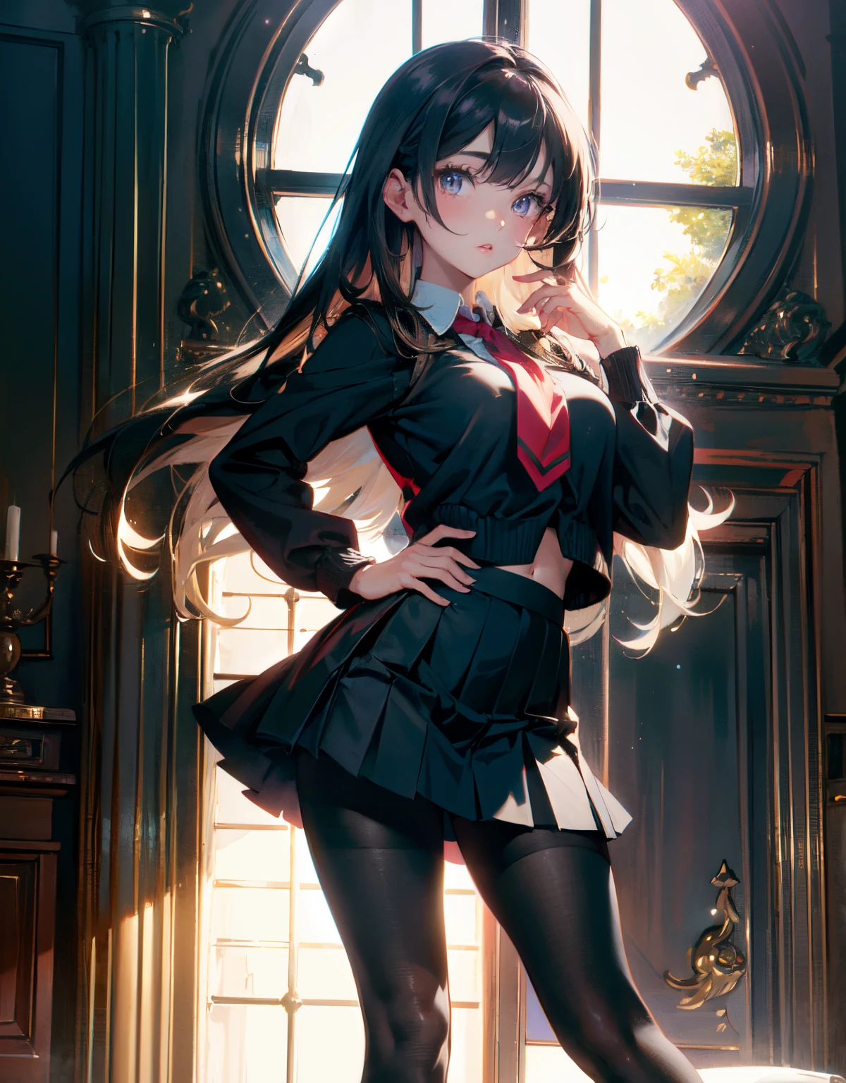 (masterpiece, best quality), beautiful girl, uniform skirt (detailed beautiful eyes) underwear, black pantyhose, full body shot, visible bellybutton