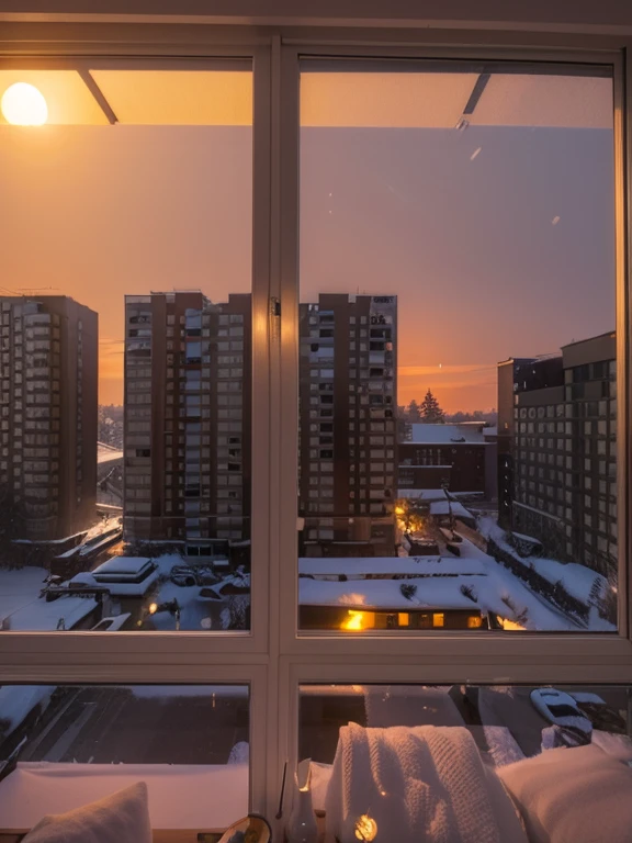 winter，Outside the window，the setting sun，nevando