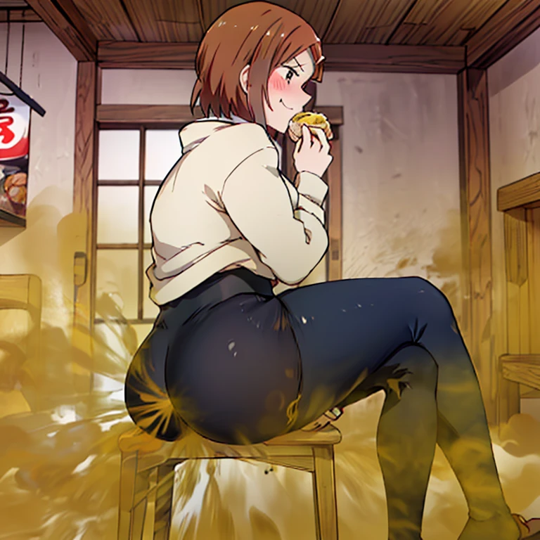 ((kugisaki nobara)),((velocity)),Yellow smoke,Attacked by farts, (((Women sit on seat)),velocity,(Yellow smoke is rising),i'i'i'i'i'i'ramen restaurant)),((One Woman)),wear legging,((A girl smells a fart and smiled faintly)),((fart while eating ramen)),((blushing)),best quality,detailed,masterpiece:1.2、top-quality)、(the Extremely Detailed CG Unity 8K Wallpapers、ultra-detailliert、Best Shadows)、(细致背景)、(The best lighting、extremely delicate and beautiful)、depth of fields、1girl in、独奏、looking arround her,,Ephemeral,,(brownhair),()),((((Girl is embarassed when she smells the bad smell of farts)))),,((((profile facing diagonally)))),((i'I closed my mouth with hand feel embarassed...)),(()),((embarassing look)),((massive fart)),((fart text))