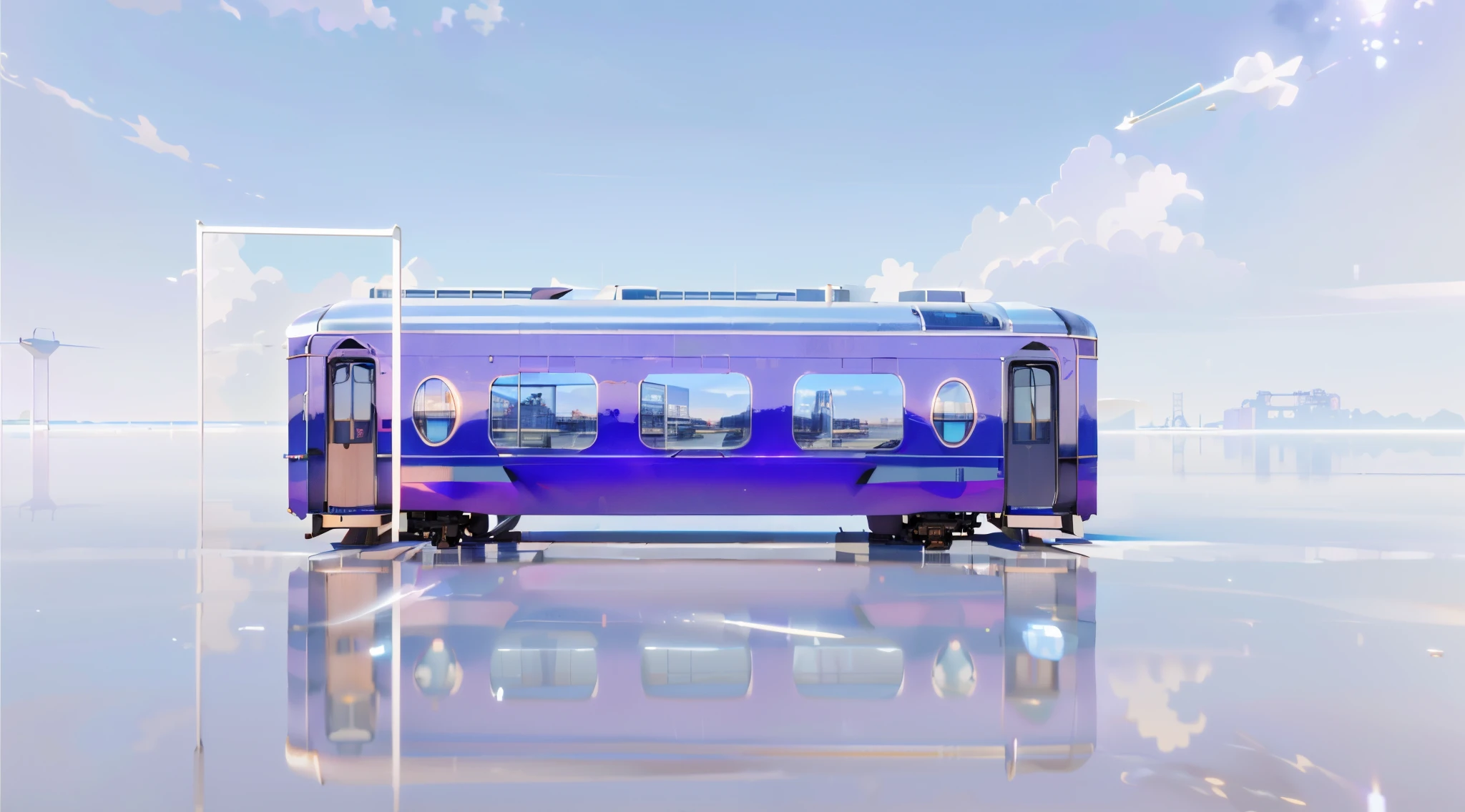 Purple train carriage reflected in water and sky in background, future locomotive style, transportation design render, supersonic trains and passengers, Depicted as a 3D rendering, rendering of the windigo, 2022 wide-angle exterior scene, 🕹️ 😎 🔫 🤖 🚬, With 3D rendering, With 3D rendering, daoshi, YouTube video screenshot, modular detailed