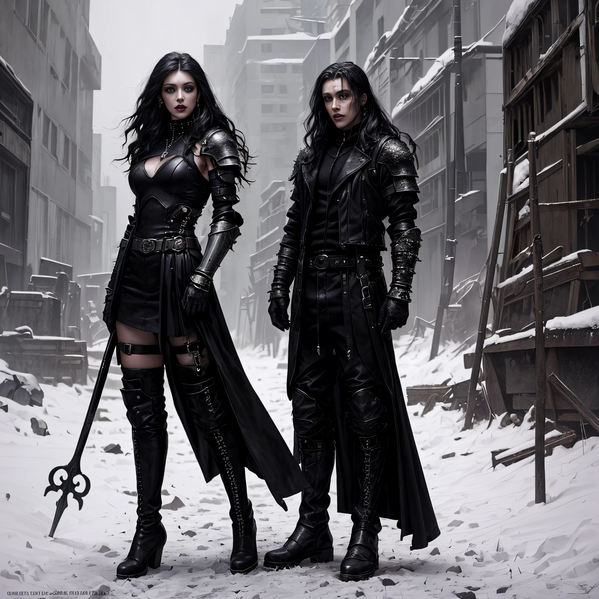 Full body post apocalyptic movie poster in DC studio style Beautiful cyberpunk warrior woman in black metal studded leather armor, thigh-high black leather boots, black very long wavy hair, black eyes, purple lips, realistic skin texture, photo quality, blurred snowy winter desolate landscape