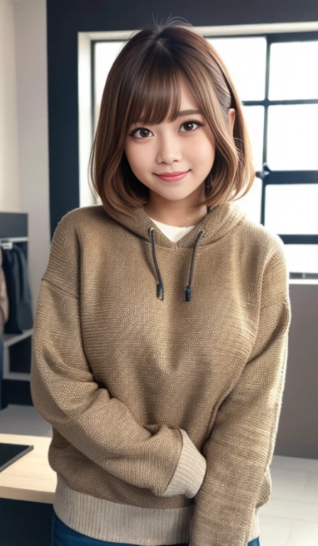 (Best Quality, in 8K, 32K, masutepiece, nffsw:1.3), Pottery muscle,Healthy,22-year-old woman,light brown bob hair: 1.1, (Upper and lower sweatshirts,parka: 1.1), Photography Studio, Ultra-detailed face, Detailed eyes, 二重まぶた,big and impressive eyes,Strong eyes,Proud expression,Wild,Mujaki,a smile,a cool,Makeup thick,active,sano,Cute,cute little