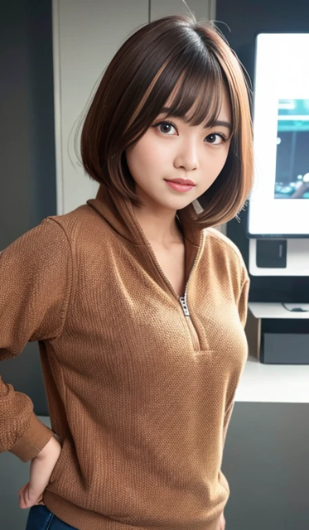 (Best Quality, in 8K, 32K, masutepiece, nffsw:1.3), Pottery muscle,Healthy,22-year-old woman,light brown bob hair: 1.1, (Upper and lower sweatshirts,parka: 1.1), Photography Studio, Ultra-detailed face, Detailed eyes, 二重まぶた,big and impressive eyes,Strong eyes,Proud expression,Wild,Mujaki,a smile,a cool,Makeup thick,active,sano,Cute,cute little