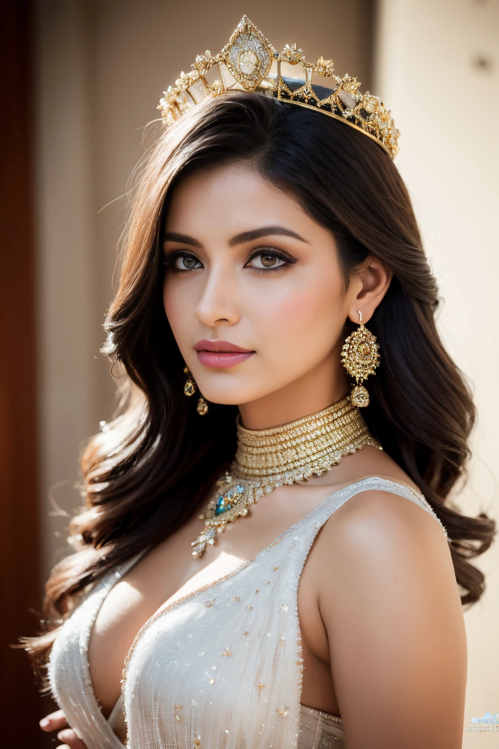 1girl in, age19, Solo, Long hair, Colossal , Looking at Viewer, black hair, Bare shoulders, Brown eyes, jewely, Full body, a necklace, off shoulders, salwar and dupatta, Realistic, A sexy