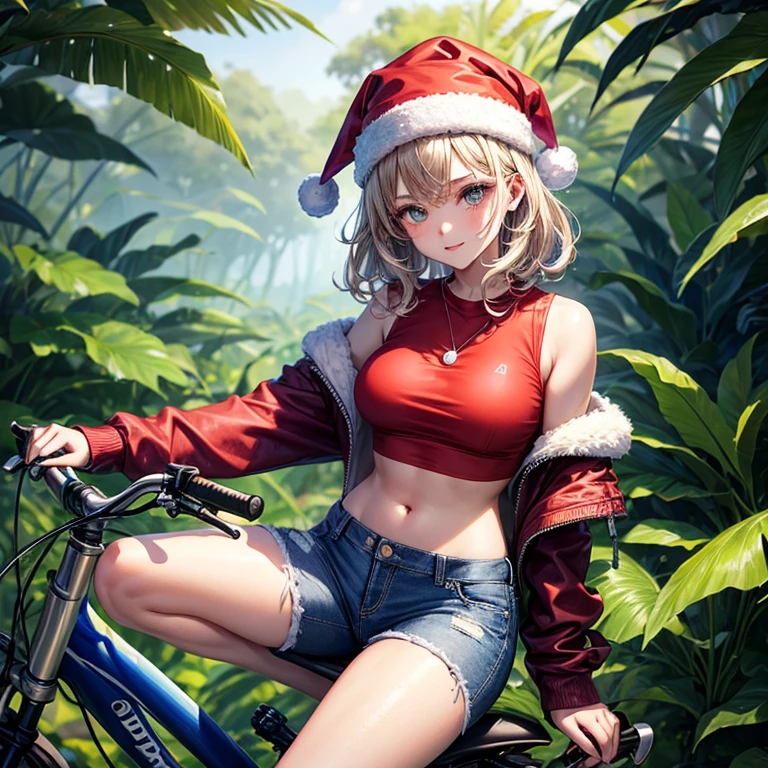Hot Beauty short wavy hair, wearing Christmas cap, milky white skinned young girl, crop top and jeans, surrounded by splashes of colours, riding sports bike through jungle