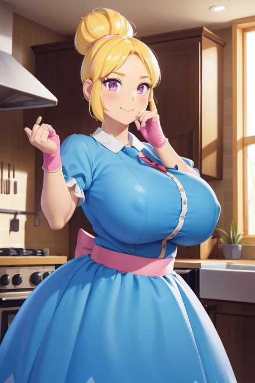 独奏, a 1girl, Piper, ssmile, (gigantic breasts), (hand on cheek:1.2), blonde woman, hair bun, blue dress, puffy short sleeves, pink fingerless gloves, kitchen, Lies, BREAK (Masterpiece:1.2), Best Quality, High Resolution, Unity 8k壁纸, (illustartion:0.8), extremely detailed face, perfect  lighting, extremely detailed CGI, (Perfect fingers, perfect anatomy)