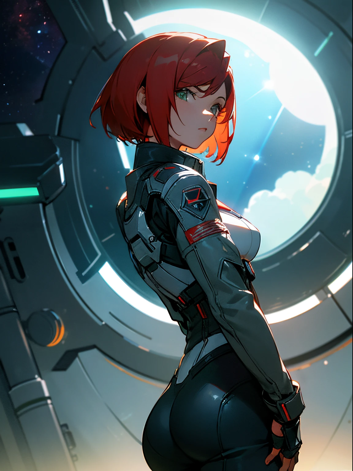 ((Best quality)), inside spacestation, looking out into space, Female shepard from mass effect series, short red hair, pale green eyes, muscular build, wearing casual clothes, leather jacket, open jacket, breast, ass, cleavage, looking out into space, stars, sun, sun flare