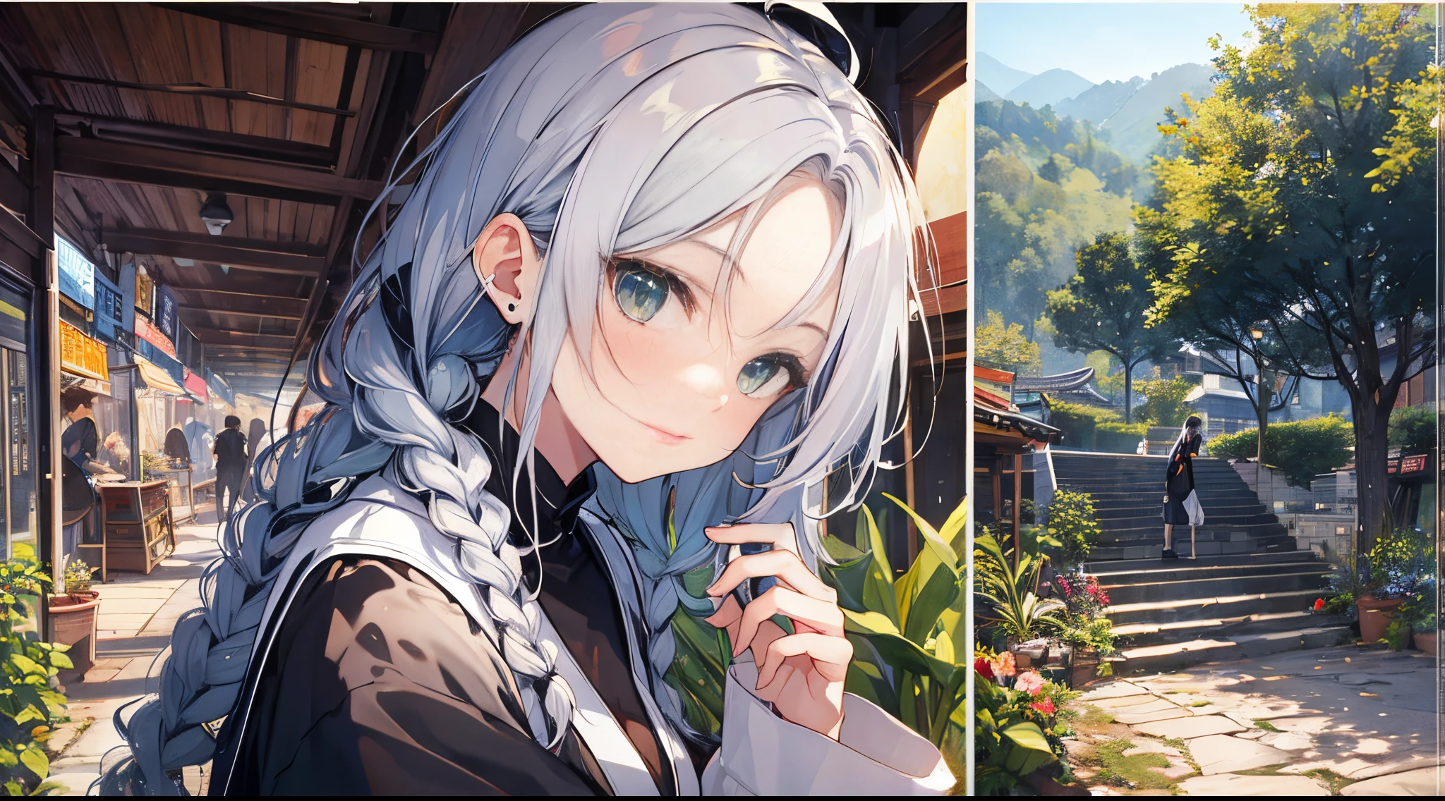 ((tmasterpiece:1.4, Best quality at best))+, (hyper-detailing)+, (Green-eyed:1.5)+, (Meticulous ears:1.5), (Cute girl), (Classic green hanfu:1.5), Long ponytail details, Long braids on both sides, (wariza:1.2), pale-skinned, (white cloth:1.5), (black long pants:1.4), wine jugs,fresh flowers,Hakuba,Chinese long sword,Chinese ancient city,Wandering around the market with your luggage,(Angel nuns:1.1), (dawn light:1.2), ), (Close-up cleavage:1.1), (elevation perspective:1.3), fingersmile, light blush, forehead jewel, Colored inner hair, Striped hair, black color hair, god light,