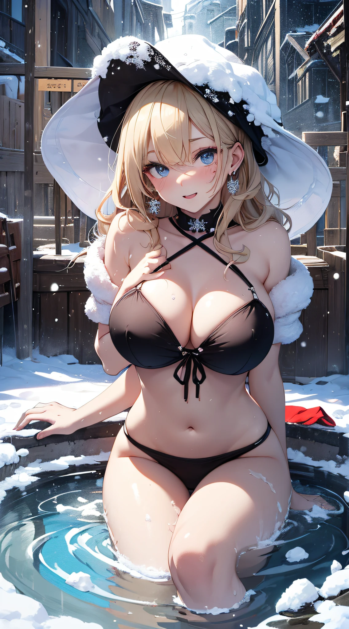 top-quality、Top image quality、​masterpiece、girl with((black bikinis、White trousers、、teen ager、cute lit Bust、big bast,Beautiful light blue eyes、Breasts wide open, a blond、A slender,Large valleys、belligerent movements,dye one's cheeks red、shivering、sapphire earrings、Hats、close range、White breath、bare-legged、Laugh、Making a heart mark by hand、soaking in the foot bath)),hiquality、Beautiful Art、Background with((Open-air bath at night、snowflakes falling、Heavy snow falls、snowman、ice tower、Sake)))、masutepiece、depth of fields,8K