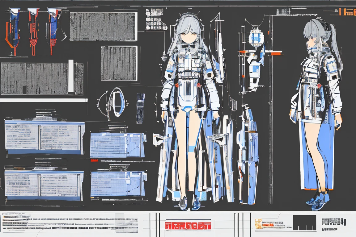 masterpiece, best quality, 1girl,highres, absurdres, full body,(ultra-detailed:1.1025), (illustration:1.1025), (infographic:1.1025), patent drawings, physical measurement, (all clothes configuration:1.1025), stationery, (solo:1.1025),standing, cohesive background, 5 fingers in hands, character sheet,