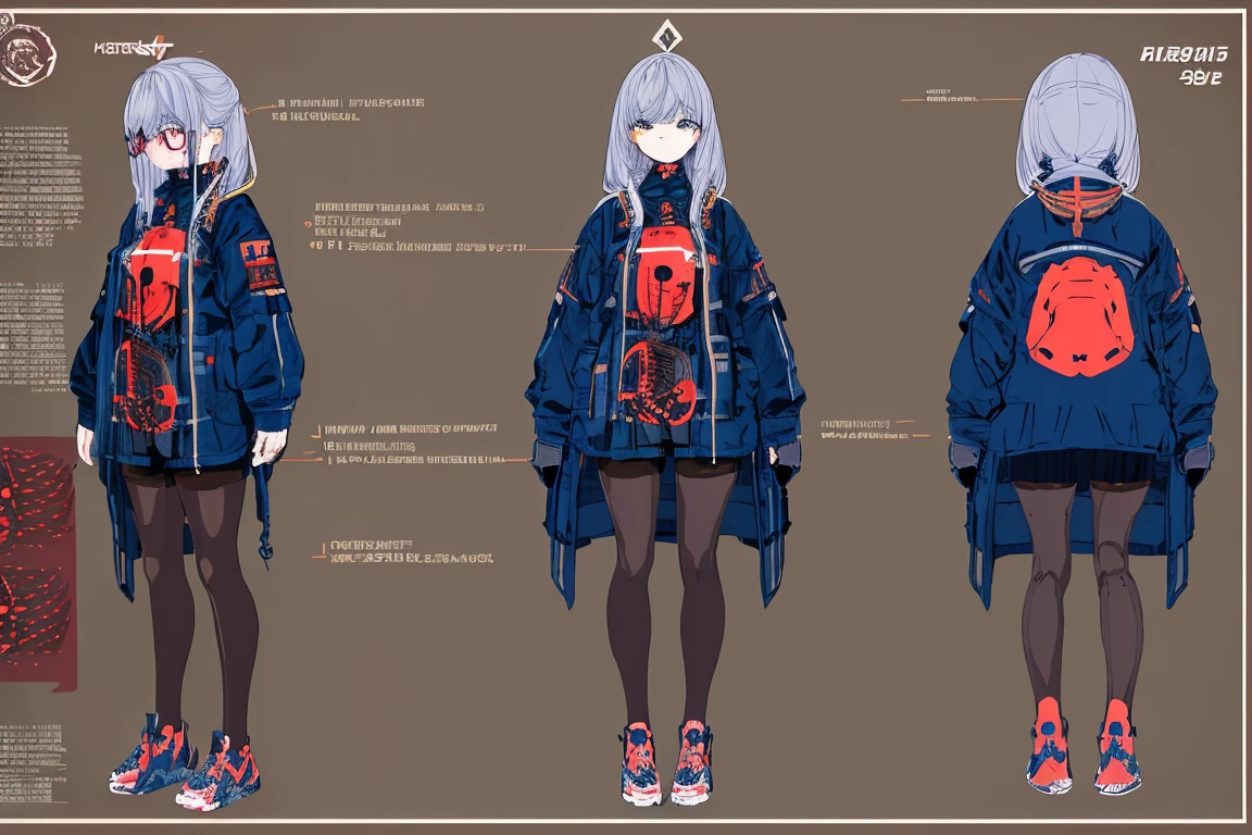 masterpiece, best quality, 1girl,highres, absurdres, full body,(ultra-detailed:1.1025), (illustration:1.1025), (infographic:1.1025), patent drawings, physical measurement, (all clothes configuration:1.1025), stationery, (solo:1.1025),standing, cohesive background, 5 fingers in hands, character sheet,