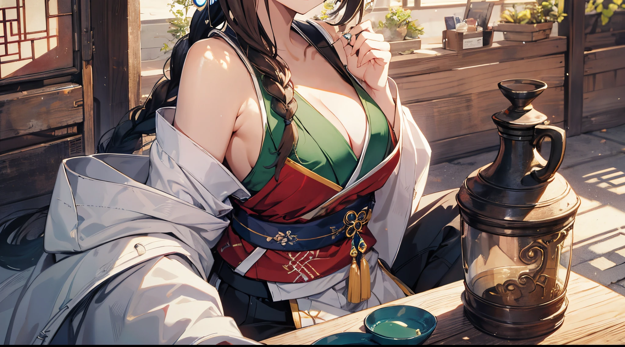 ((tmasterpiece:1.4, Best quality at best))+, (hyper-detailing)+, (Green-eyed:1.5)+, (Meticulous ears:1.5), (Cute girls), (Classic green Hanfu:1.5), Long ponytail details, Long braids on both sides, (wariza:1.2), pale-skinned, (white cloth:1.5), (black long pants:1.4), wine jugs, fresh flowers, Hakuba, Chinese long sword, Chinese ancient city, Wandering around the market with luggage, (Ranger:1.1), (dawn light:1.2), ), (Close-up cleavage:1.1), (elevation perspective:1.3), forehead jewel, Colored inner hair, Striped hair, sad smile, jeweled branch of hourai, brown hair, first-person view