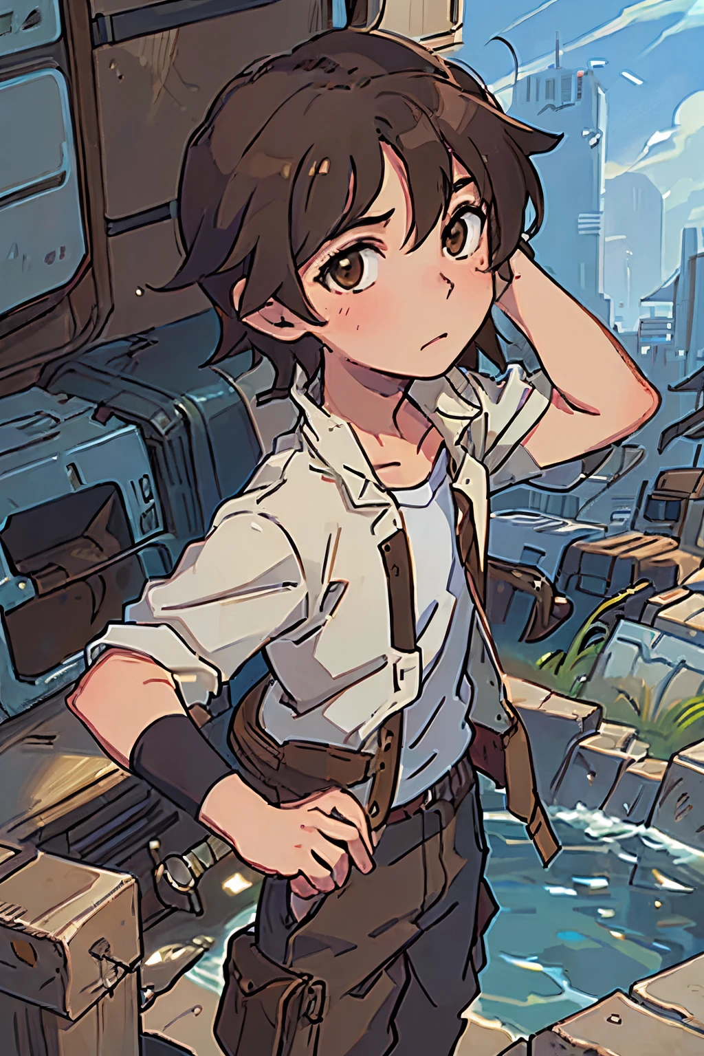 Create an image, anime style, of a 17 year old boy with short dark brown hair and brown eyes. courageous and adventurous.