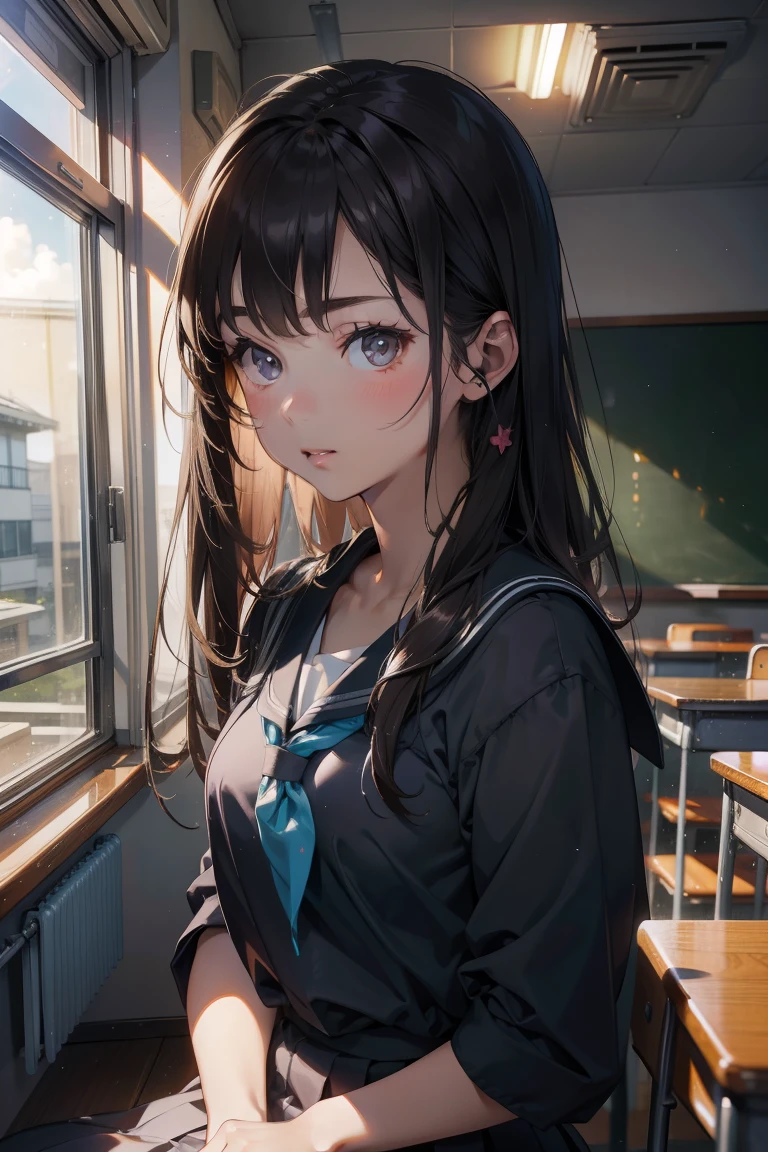 ​masterpiece、white backgrounid、18-year-old woman、there is a woman sitting on a chair in a classroom, in class room, sitting in classroom, a hyperrealistic schoolgirl, Japan school uniform, japanese high school, japanese girl school uniform, a hyperrealistic schoolgirl, of a schoolgirl posing, wearing japanese school uniform, Cute Schoolgirl, full subject in shot, Pupils, Realistic Schoolgirl, In the classroom of  the school、A dark-haired、waist-length hair、