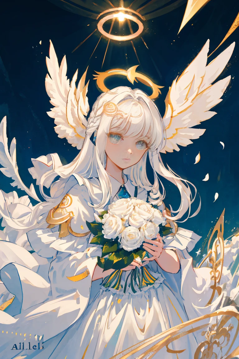 Masterpiece, Superb Piece, Ultra meticulous, illustartion, a closeup of a, Direct vision, facial focus, 1girl, white colored hair, light eyes, Long hair, Halo, angel wings, calm expression on his face, looking at the audience, (noelle: 1.4), rose petals, maiden