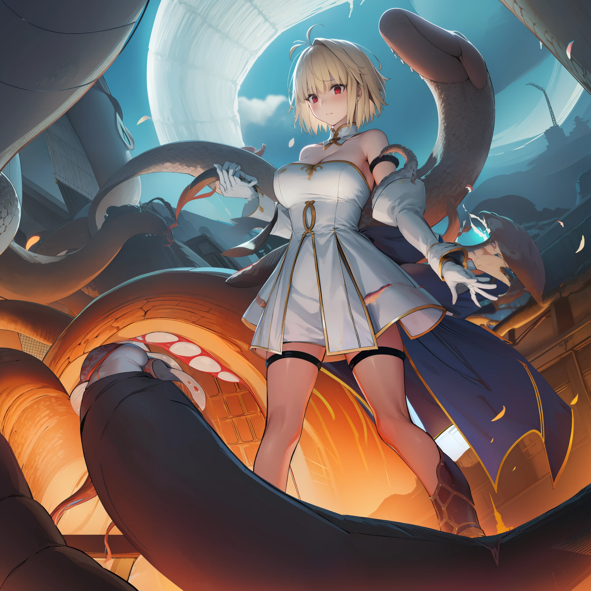 sleeve, Takashi Takeuchi style, arcueid \(tsukihime\), archetype earth \(hime\), (tightly restrained:1.6), bare shoulders, blush, breasts, cleavage, detached collar, detached sleeves, two-tone strapless sleeveless hime white dress, field, flower, flower field, full moon, gloves, large breasts, looking at viewer, moon, night, night sky, petals, sky, annoyed, solo, white gloves, (standing:1.4), fullbody, white panties
