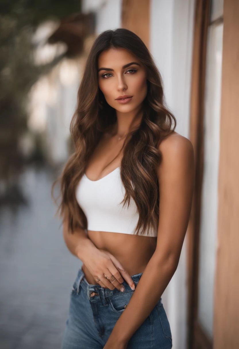 Femme arafed avec un débardeur blanc et un collier, ispanique, 20 ans, douce, Dîner au restaurant, fille sexy aux yeux verts, Portrait Sophie Mudd, cheveux bruns et grands yeux, Selfie d’une jeune femme, Yeux de chambre, Violet Myers, sans maquillage, maquillage naturel, Regarder directement la caméra, Visage avec Artgram, Maquillage subtil, Superbe photo du corps entier, Yeux verts perçants, Bel angle, pose attrayante, fille mignonne, sexy pose, Image du corps entier, corps entier, Prise de vue du corps entier, Déesse brune, détail élevé, pose satisfaite, Porter une jupe grise et des bottes, jupe, Bottes