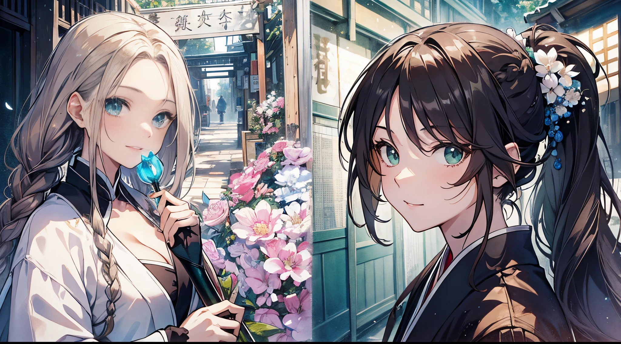 ((tmasterpiece:1.4, Best quality))+, (hyper-detailing)+, (Green-eyed:1.5)+, (Meticulous ears:1.5), (cute girls), (Classic green Hanfu:1.5), Long ponytail details, Long braids on both sides, (wariza:1.2), pale-skinned, (white cloth:1.5), (black long pants:1.4), wine jugs, fresh flowers, Hakuba, Chinese long sword, Chinese ancient city, Wandering around the market with luggage, (Ranger:1.1), (dawn light:1.2), ), (Close-up cleavage:1.1), (elevation perspective:1.3), forehead jewel, Colored inner hair, Striped hair, Sad smile, Hu Lai's gem branch, Brown hair, first person perspective
