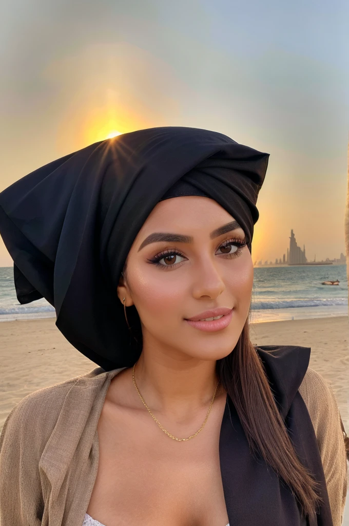 ((best quality)), ((Meisterwerk)), (Detailliert), Perfektes Gesicht, 1.1, Hochdetaillierte Gesichts- und Hautstruktur, Detaillierte Augen, brown eyes, brown colored eyes, cute makeup, Amira 23 year old arabic beauty, in dubai palm with head scarf and modest clothing with sunset behind her, full body picture from far away