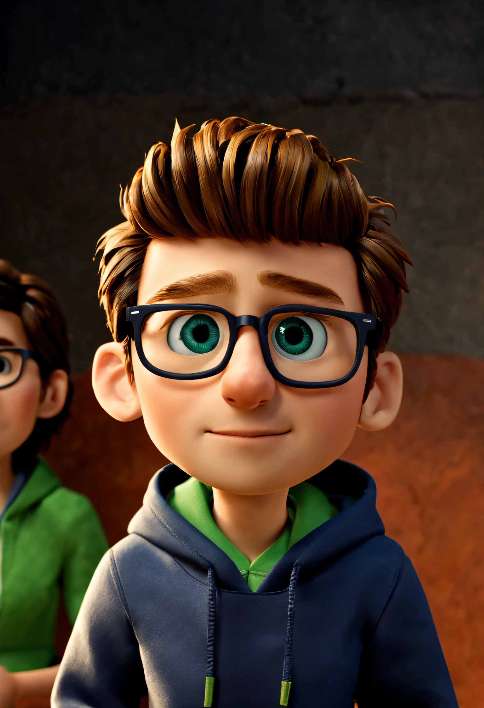 craft a Pixar-inspired character embodying a distinct aesthetic. Picture an individual sporting sleek black square glasses, their countenance adorned with a two-day stubble. Atop their head, notice the presence of closely cropped, spiky brown hair, giving an impression of energetic dynamism. Imagine this character comfortably seated within the confines of a dimly lit room, the ambient glow emanating from a vibrant green computer screen casting an enigmatic aura. Peer into their captivating blue eyes, adding a touch of depth and intrigue to their appearance. Dressed in a dark blue hoodie, they exude an air of mystery, evoking a hacker-style ambiance. Take note of the slight roundness in the contours of their face, contributing to an amiable and approachable demeanor. This character, with their unique blend of features, encapsulates the essence of a Pixar character caught in a captivating, tech-savvy scenario.