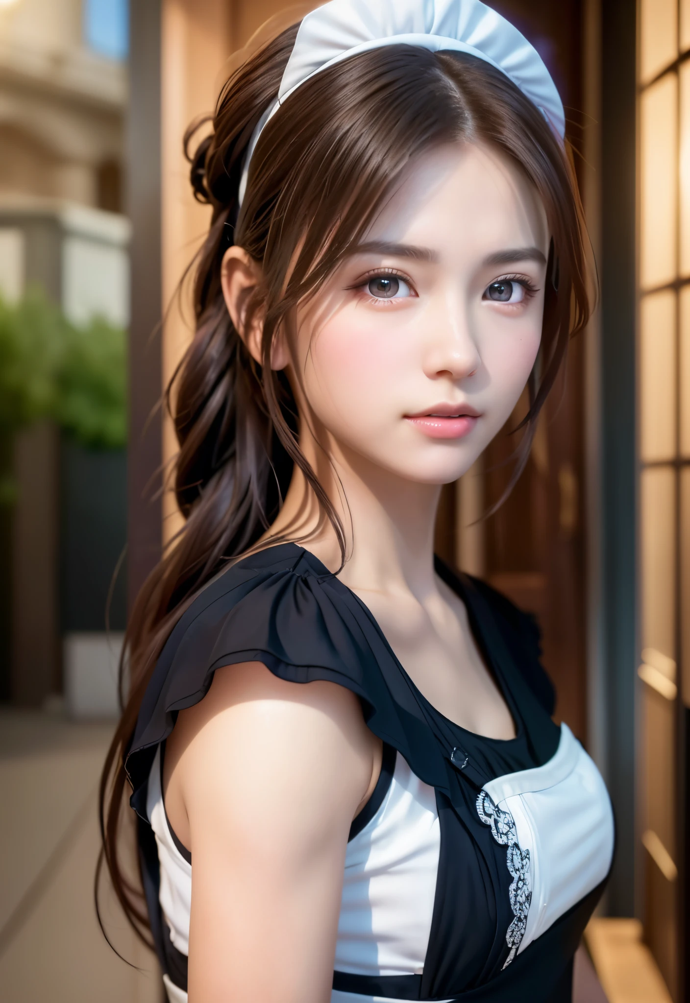 8K, of the highest quality, masutepiece:1.2), (Realistic, Photorealsitic:1.37), of the highest quality, masutepiece, Beautiful young woman, Pensive expression,、A charming、and an inviting look, Cute Maid Clothes, Hair tied back, Cinematic background, Light skin tone