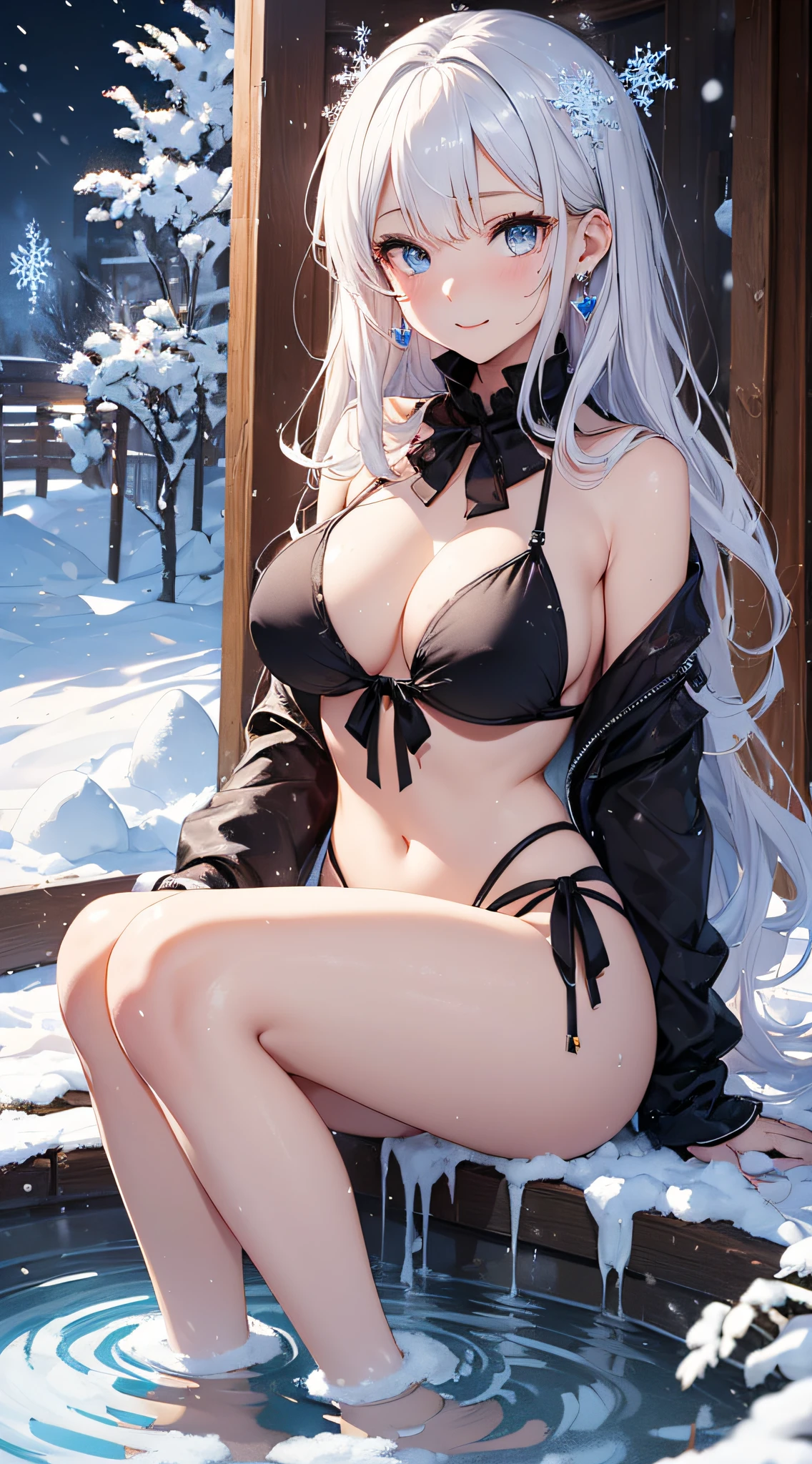 top-quality、Top image quality、masterpiece、girl with((black bikinis、White trousers、sixteen years old、 ager、cute little、Best Bust、Medium bust,Beautiful light blue eyes、Breasts wide open, a blond、A slender,Large valleys、belligerent movements,dye one's cheeks red、shivering、sapphire earrings、close range、White breath、bare-legged、Laugh、Making a heart mark by hand、soaking in the foot bath)),hiquality、Beautiful Art、Background with((Open-air bath at night、snowflakes falling、Heavy snow falls、snowman、ice tower、Sake)))、masutepiece、depth of fields,8K
