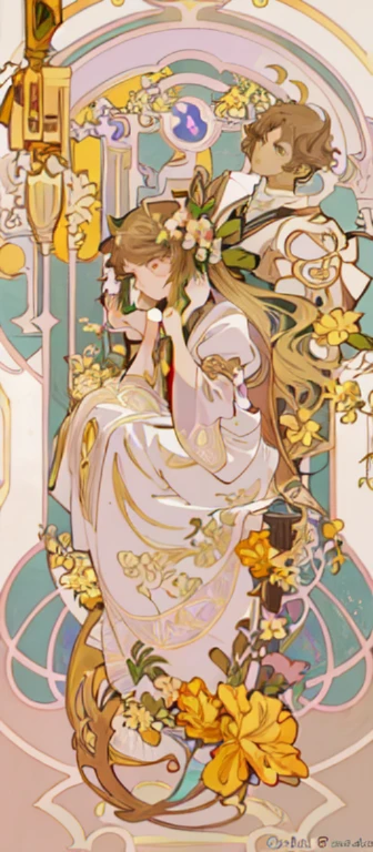 a painting of a woman sitting on a chair with flowers, anime art nouveau, alphonse mucha and rossdraws, alphonse mucha style, korean art nouveau anime, flat shading mucha, in style of alphonse mucha, demura and alphonse mucha, anime art nouveau cosmic display, inspired by Alfonse Mucha, mucha style, flat cel shading mucha