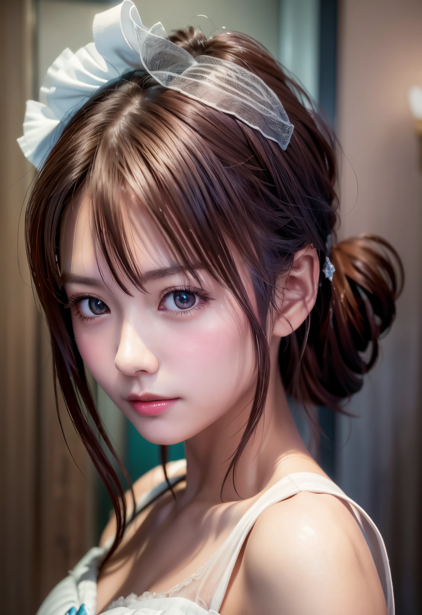 8K, of the highest quality, masutepiece:1.2), (Realistic, Photorealsitic:1.37), of the highest quality, masutepiece, Beautiful young woman, Pensive expression,、A charming、and an inviting look, Cute Maid Clothes, Hair tied back, Cinematic background, Light skin tone
