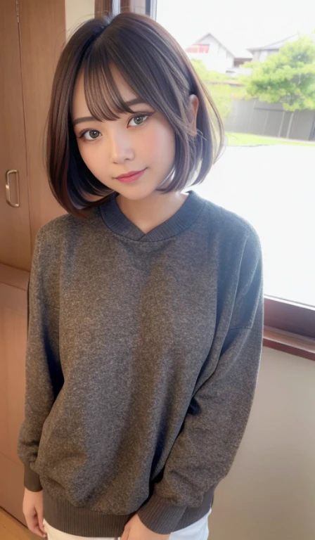 (Best Quality, in 8K, 32K, masutepiece, nffsw:1.3), Pottery muscle,Healthy,22-year-old woman,Pretty light brown bob hair: 1.1,Unique mesh color, (Upper and lower sweatshirts,parka: 1.1),  Photography Studio, Ultra-detailed face,  Detailed eyes, 二重まぶた,big and impressive eyes,Strong eyes,long eyelashes,Proud expression,Wild,Mujaki,a smile,a cool,Makeup thick,active,sano,Cute,cute little,Small devil