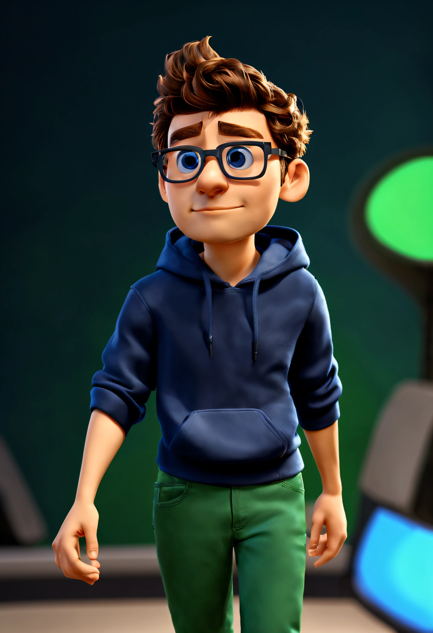 craft a Pixar-inspired character embodying a distinct aesthetic. Picture an individual sporting sleek black square glasses, their countenance adorned with a two-day stubble. Atop their head, notice the presence of closely cropped, spiky brown hair, giving an impression of energetic dynamism. Imagine this character comfortably seated within the confines of a dimly lit room, the ambient glow emanating from a vibrant green computer screen casting an enigmatic aura. Peer into their captivating blue eyes, adding a touch of depth and intrigue to their appearance. Dressed in a dark blue hoodie, they exude an air of mystery, evoking a hacker-style ambiance. Take note of the slight roundness in the contours of their face, contributing to an amiable and approachable demeanor. This character, with their unique blend of features, encapsulates the essence of a Pixar character caught in a captivating, tech-savvy scenario.