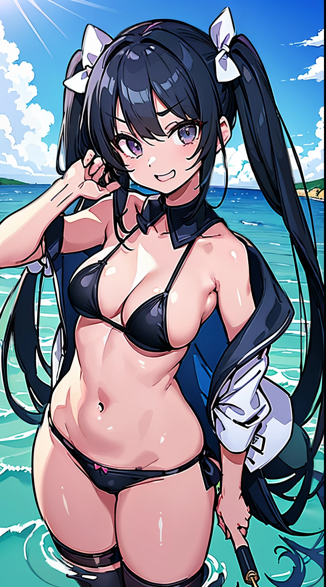 (8K、Top image quality、top-quality、masterpiece)、1 s((Lori))、Black hair twintails、Gray eyes、evilsmile、very Bigger breasts、whitebikini、blue open sky、sea the background of