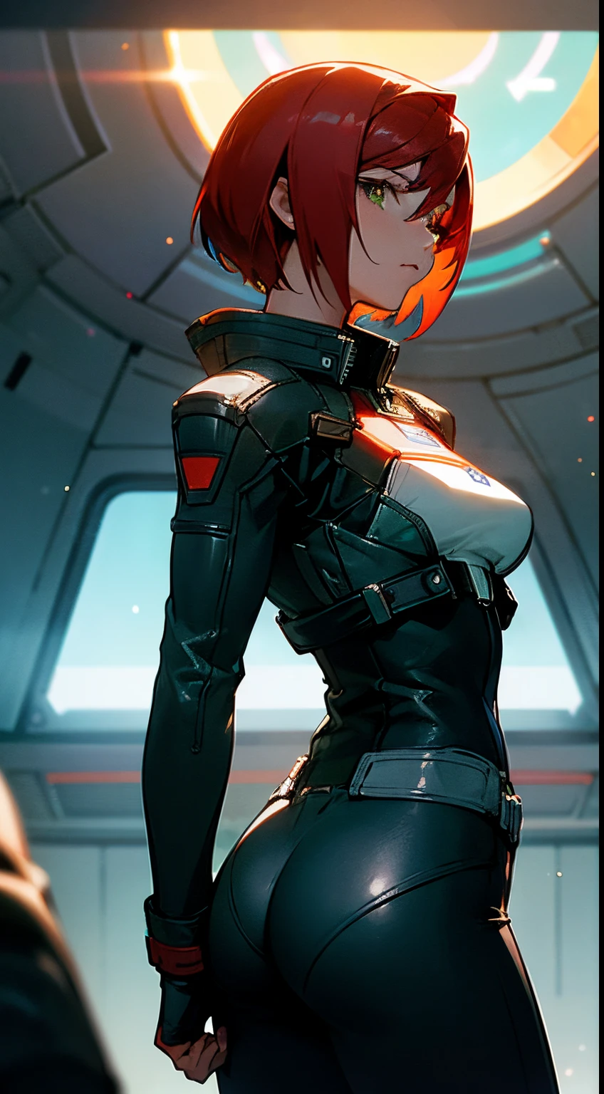 ((Best quality)), inside spacestation, looking out into space, Female shepard from mass effect series, short red hair, pale green eyes, muscular build, wearing casual clothes, leather jacket, open jacket, breast, ass, cleavage, looking away from viewer, staring out into space, stars, sun, sun flare, side shot