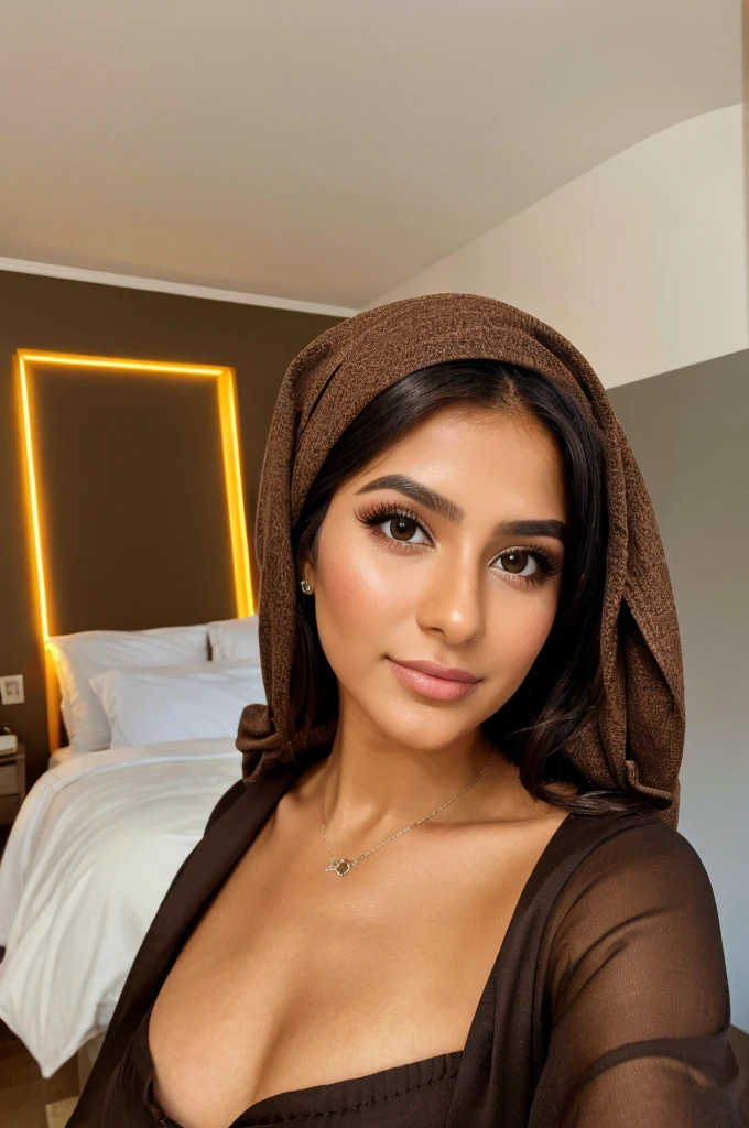 ((best quality)), ((Meisterwerk)), (Detailliert), Perfektes Gesicht, 1.1, Hochdetaillierte Gesichts- und Hautstruktur, Detaillierte Augen, brown eyes, brown colored eyes, cute makeup, Amira 23 year old arabic beauty, in her room with head scarf and very modest clothing, selfies in her room