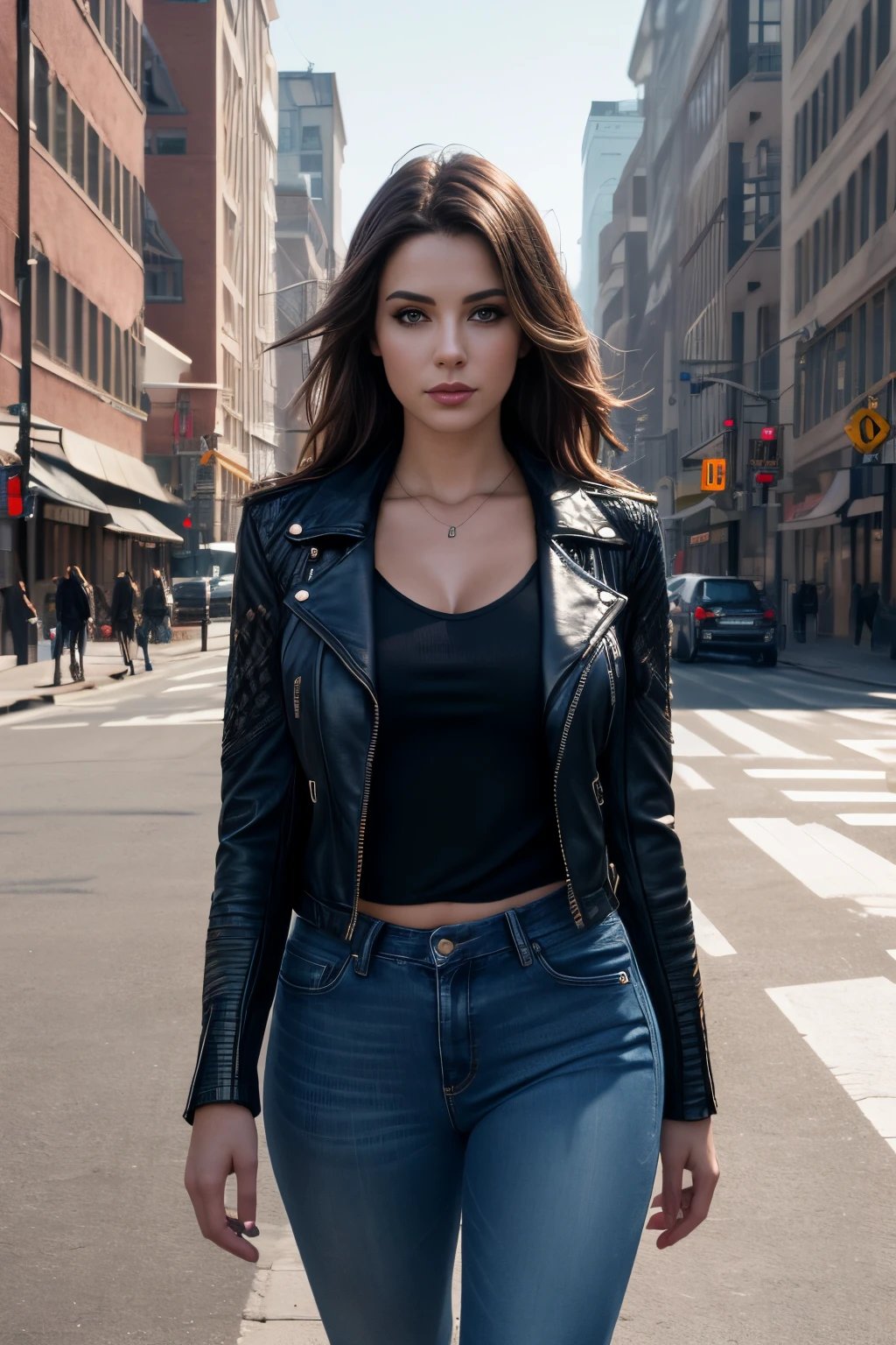 design, interrior, interriordesign Masterpiece, best quality, (highly detailed raw photo:1.2), 8k render in octane, volumetric lighting, volumetric shadows  portrait of a woman, (pasionate look), jeans, leather jacket, pullover, walking in city