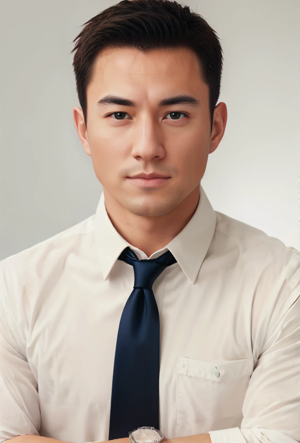 1man, 
a 30 y.o muscular male wearing long-sleeve white shirt and tie, upper body,
 soft lighting, 
masterpiece, best quality, 8k uhd, dslr, film grain, Fujifilm XT3 photorealistic painting art by midjourney and greg rutkowski