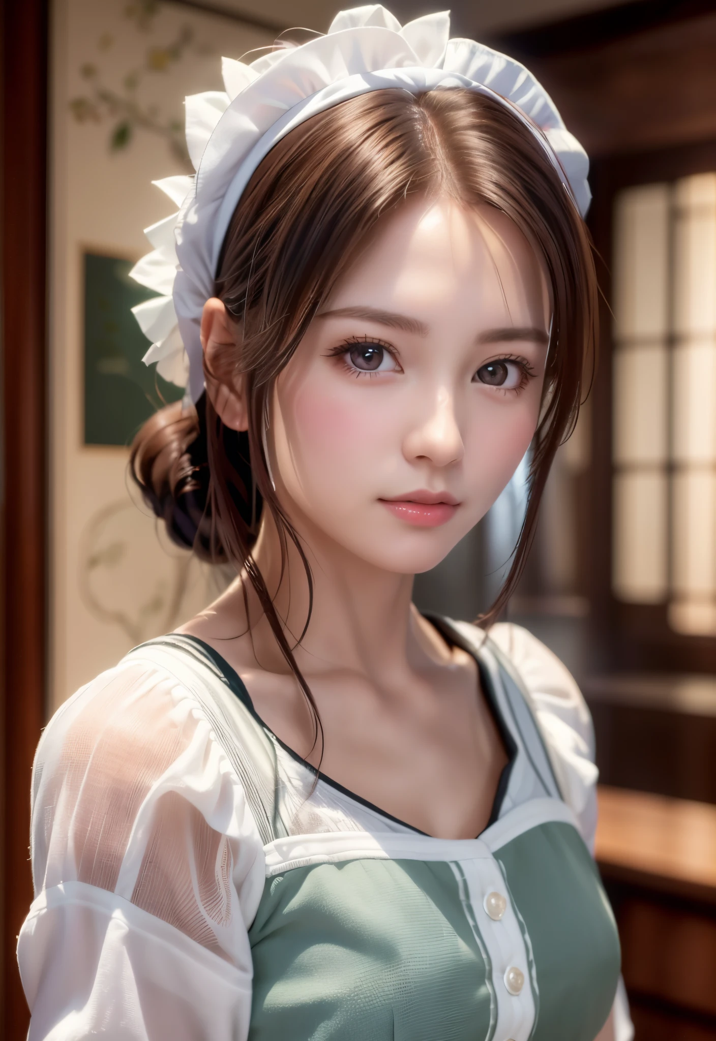 8K, of the highest quality, masutepiece:1.2), (Realistic, Photorealsitic:1.37), of the highest quality, masutepiece, Beautiful young woman, Pensive expression,、A charming、and an inviting look, Cute Maid Clothes, Hair tied back, Cinematic background, Light skin tone