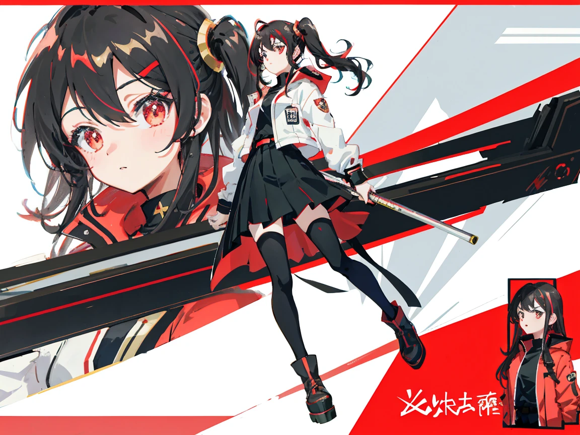 Supreme，1girll，long legs，Red and black shirts，Red and black skirt，Red and Black Mechanical Windproof Boots，Large red and black trench coat，Long red and black hair，red eyes，standing pose，Red Katana，HighestQuali,4k，Chinese girl design，Detailed Genshin graphics，anime character design，anime concept art，pretty anime character design，anime character reference sheet，[character design]，4k，Details