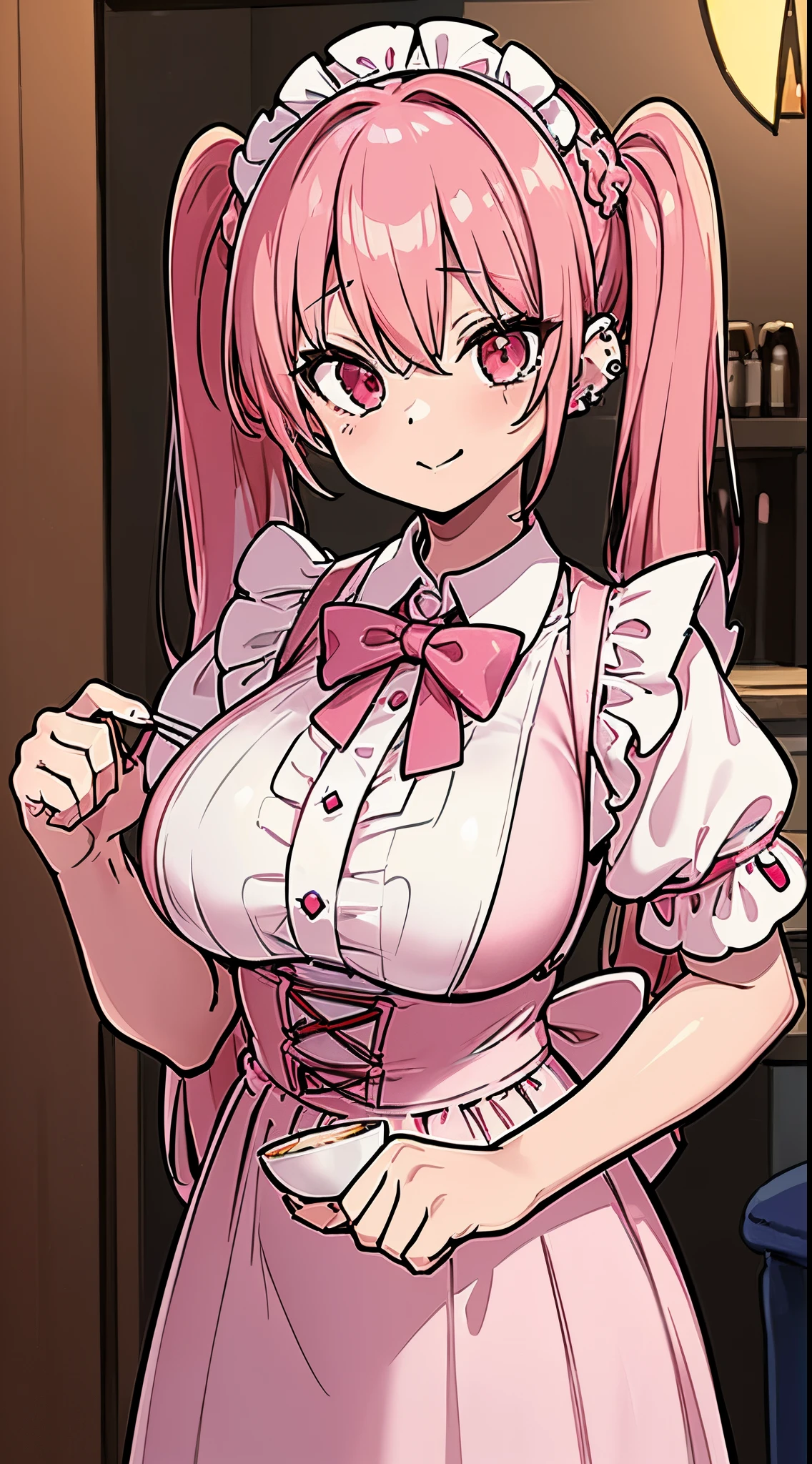 (8K、Top image quality、top-quality、​masterpiece)、1 girl((Lori))、((Pink hair twin tails))、Wavy Hair,、red eyes、evilsmile、piercings、((very Bigger breasts))、maid clothes、((shortsleeves))、is standing、Cafe background、nsfw