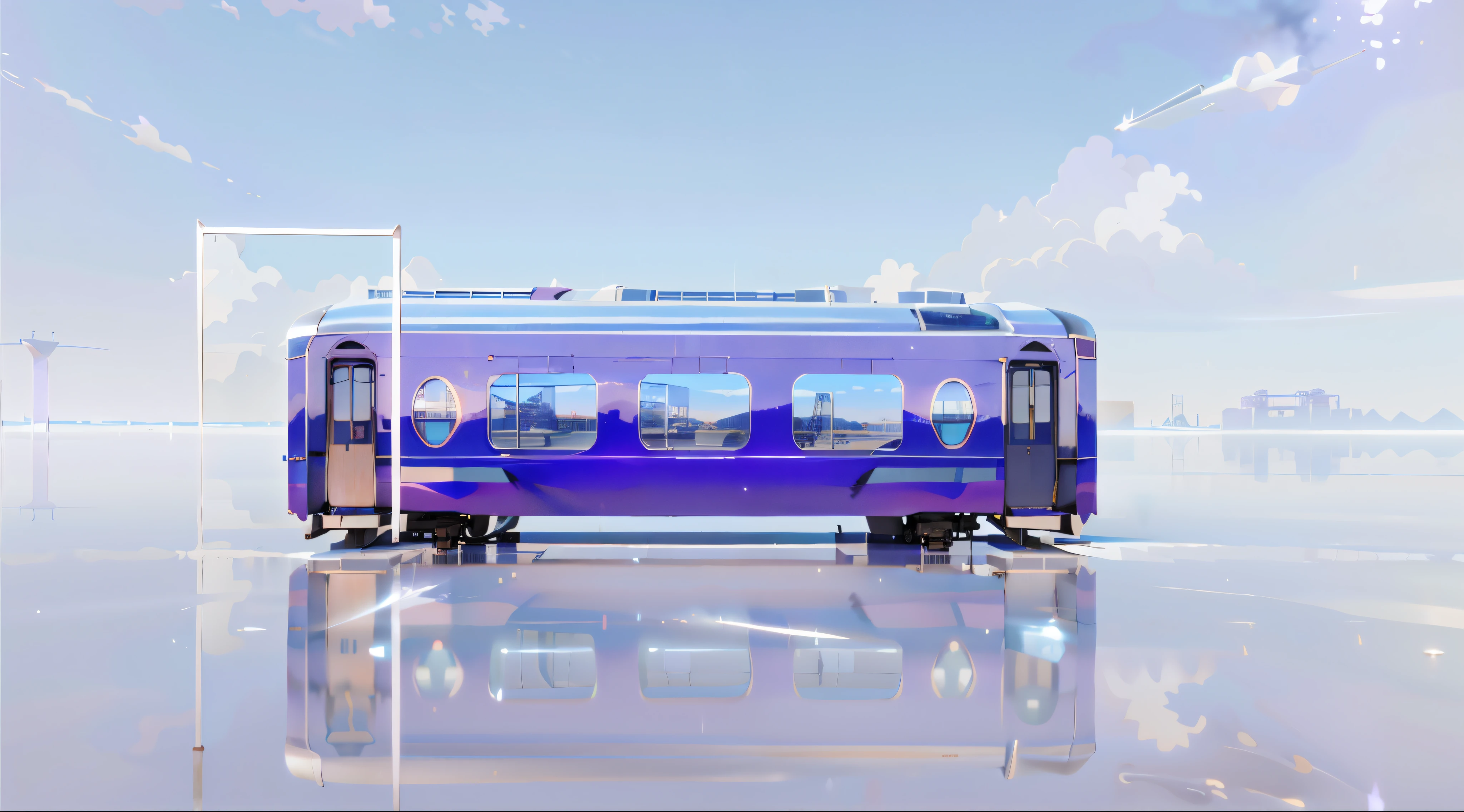Purple train carriage reflected in water and sky in background,water ripple,future locomotive style, transportation design render, supersonic trains and passengers, Depicted as a 3D rendering, rendering of the windigo, 2022 wide angle exterior shot, 🕹️ 😎 🔫 🤖 🚬, With 3D rendering, With 3D rendering, daoshi, YouTube video screenshot, modular detailed